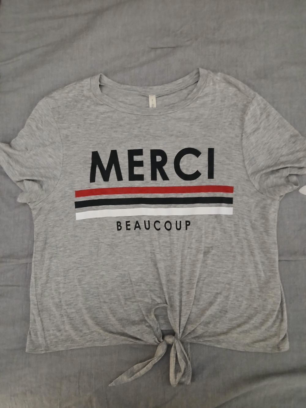 Gray Tie-Front Graphic Tee with Merci Beaucoup Print